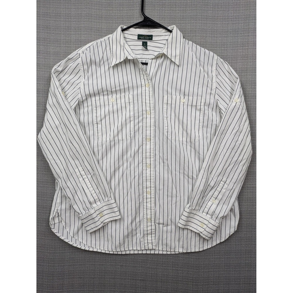 Lauren Jeans Co. Shirt Womens XL White Stripe Button Up Long Sleeve Cotton - Picture 2 of 8